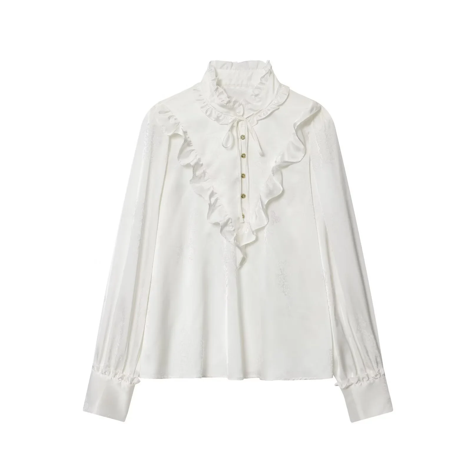 

2025 Autumn New Women's Long sleeved Stand up Collar with Mushroom Edge Stacked Decoration Jacquard Silk Texture Shirt