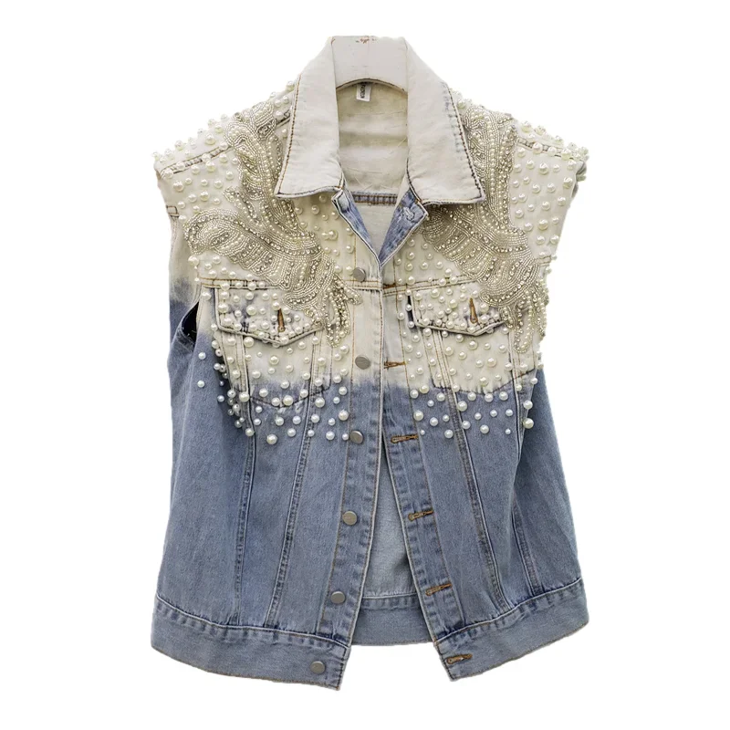 

Korean Diamonds Beading Big Pocket Contrast Color Denim Vest Women Loose Cowboy Waistcoat Casual Sleeveless Jeans Jacket Female