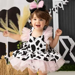 Conjunto de vestido y Diadema para niña pequeña, ropa de tul con estampado de vaca, tutú sin mangas para recién nacido, trajes de banda para el pelo