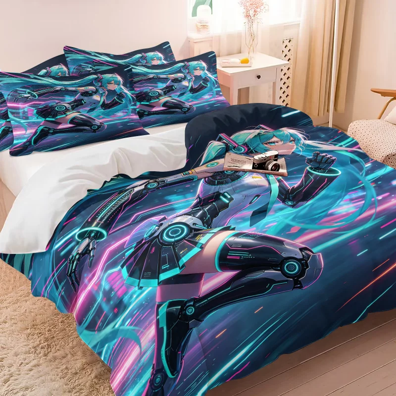初音ミク-サイバーパンク-メカニカル布団カバーセット-アニメ-スピードラン寝具-枕カバー付き-ゲームルーム-ティーンズ-キッズ-寝室装飾