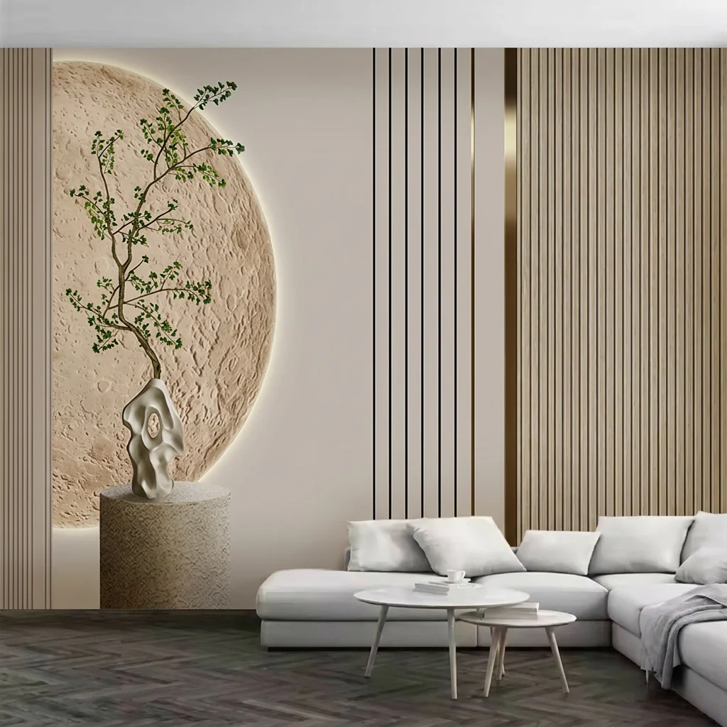 Lunar texture background with Zen greenery, background wall for living room and bedroom, self-adhesive material.