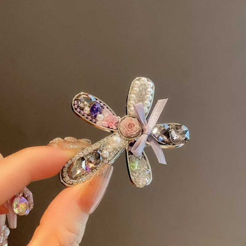 

Korean Fashion Purple Crystal Rose Edge Clip for Women, Elegant and Delicate Side Bangs Hairpin Hair Accessory