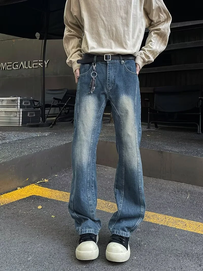 

Retro Blue Denim Jeans Men's Fall American Cool High Waist Knife Flared Pants Patchwork Straight Leg Jeans for Teens