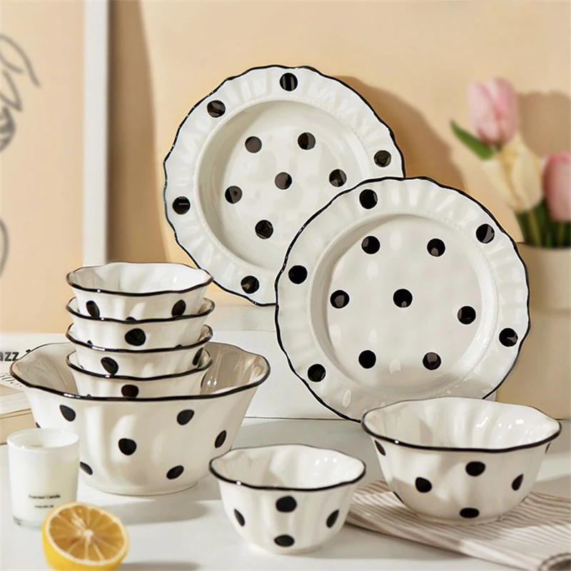 Large Fish Tray, Flower Shape Plate for Food, Polka Dot Pattern, Household Kitchen Ceramic Dinnerware, Bowl Dishes Set