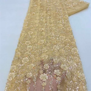 نسيج الدانتيل الأفريقي مع 3D زهرة مطرزة الترتر الخرز تول حزب اللباس عالية الجودة 2024 أعلى 12 مبيعات 3D النسيج - No7