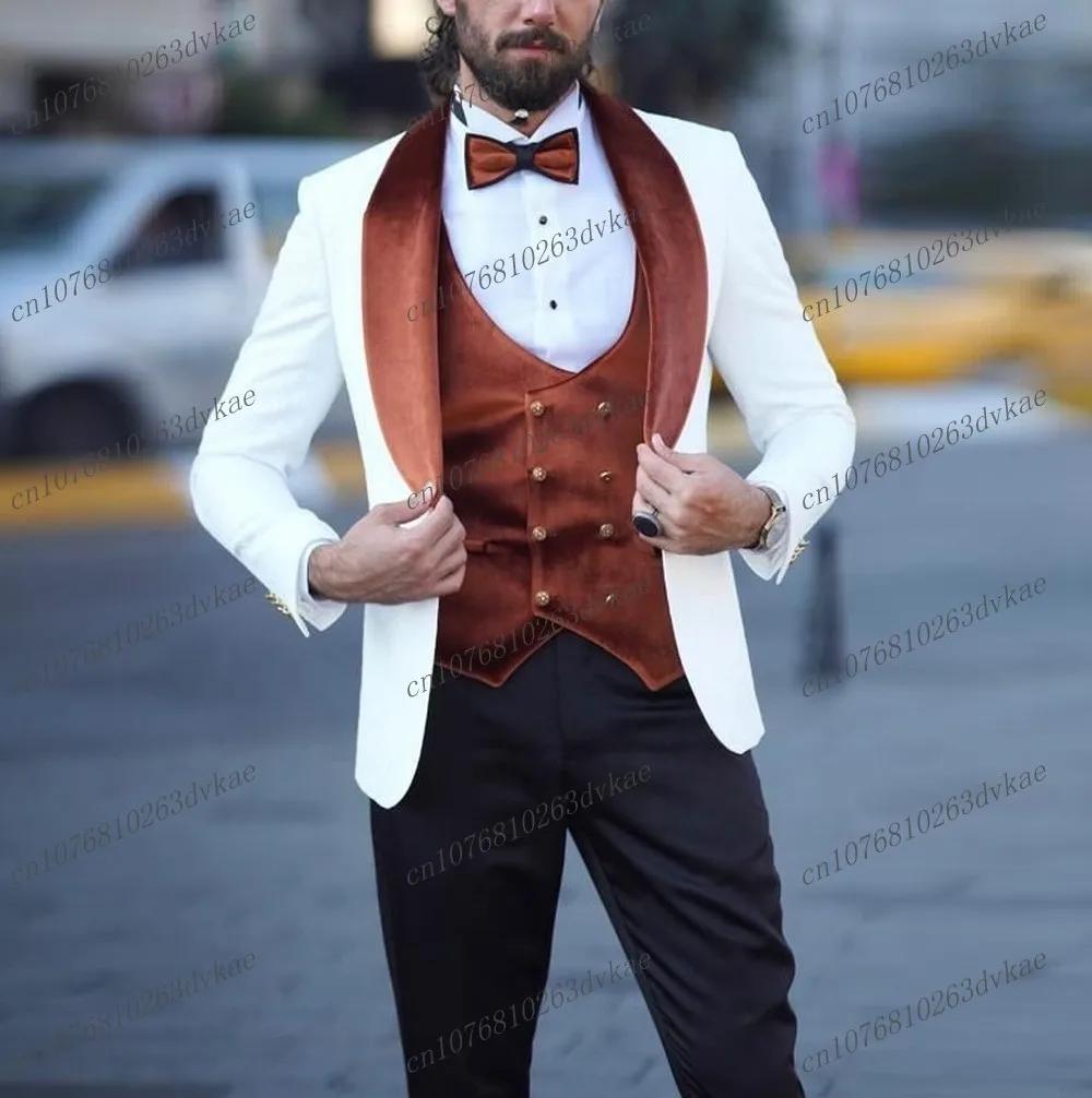 

Brown Velvet White Black Formal Business Men Suit Groom Groomsman Wedding Party Prom Male Tuxedos 3 Piece Set Blazer Vest Pants