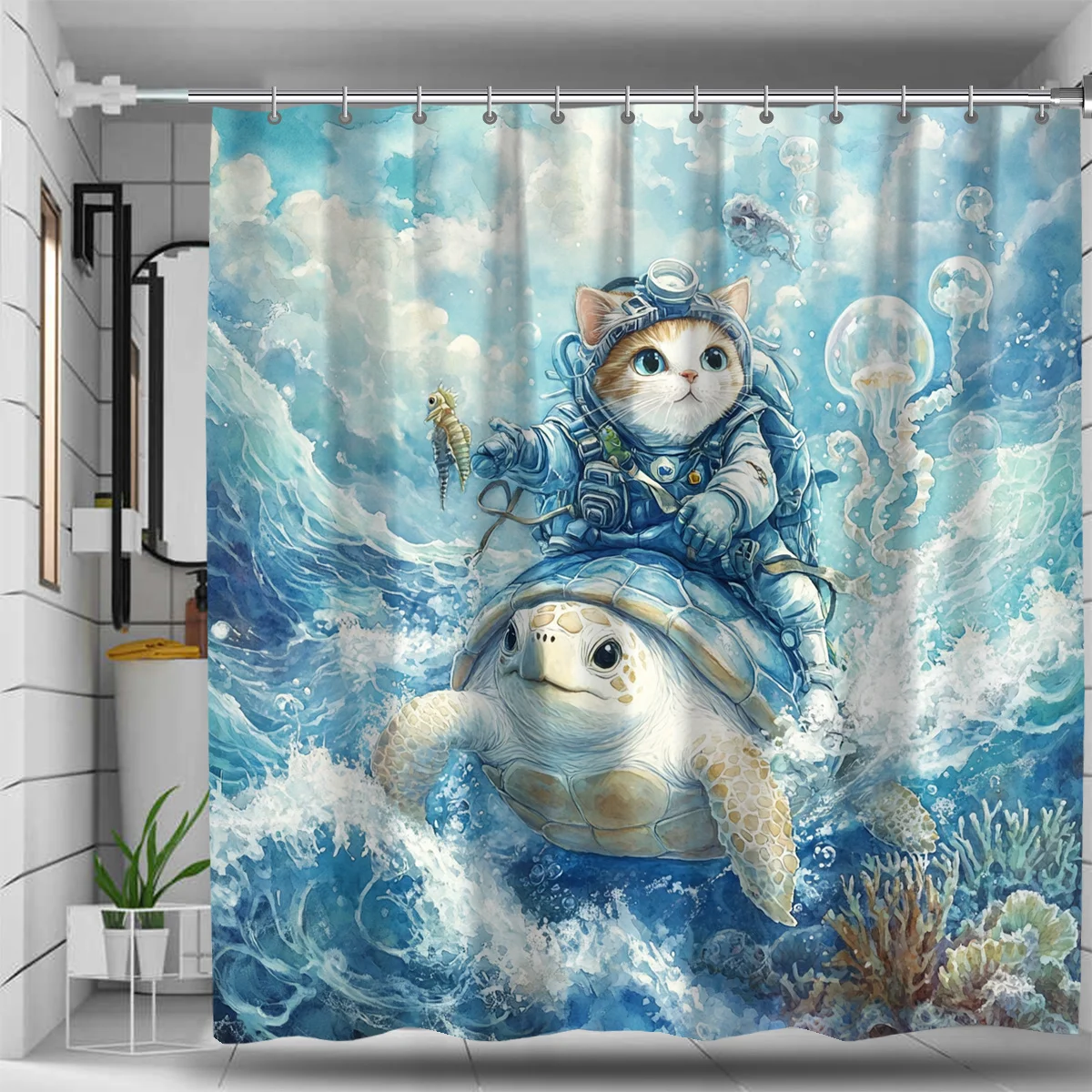 1pc whimsical turtle and cat knight digital printing shower curtain-vibrant underwater scene shower curtain