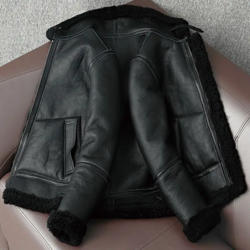 High Street Men\'s Winter Coat Genuine Real Sheepskin Lambskin Shearling Jacket for Male Warm Wool Liner Black Super Big Sized