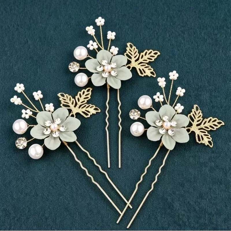 3-Pack Vintage Green Flower Hairpins with Pearls & Rhinestones – Elegant Wedding & Hanfu Hair Accessories