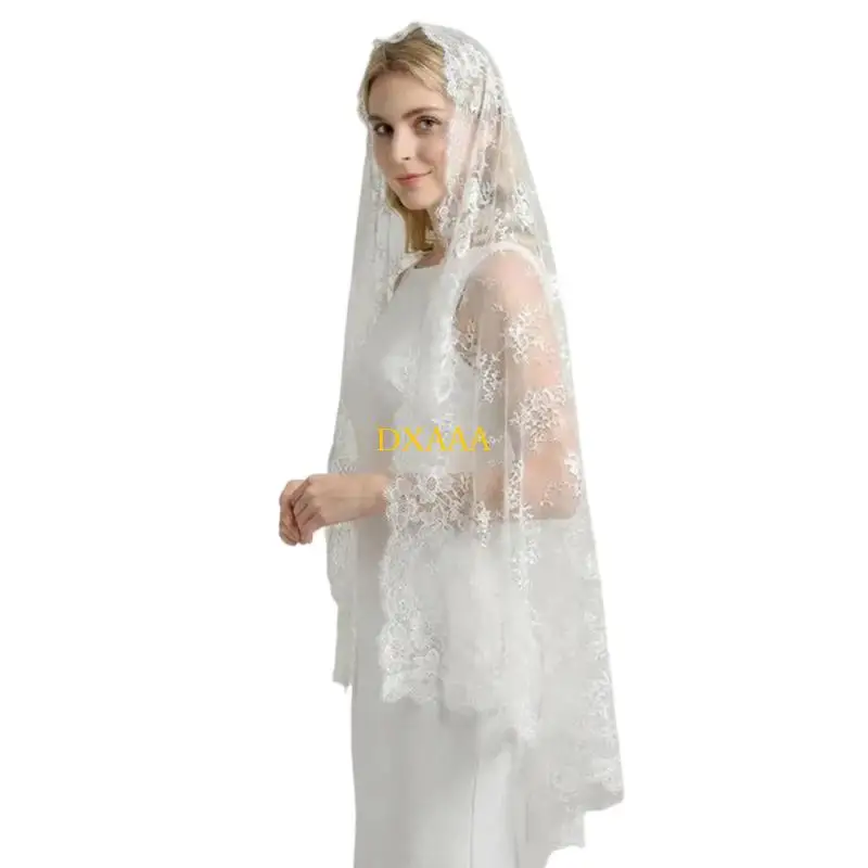 DXAA Romance Long Lace Veil For Bride Nylon Fabric Chapel Veil Church Head Scarf