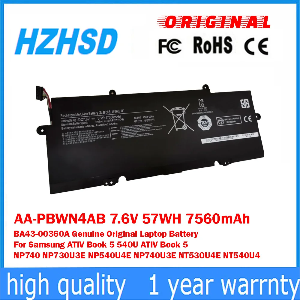 AA-PBWN4AB 7.6V 57WH 7560mAh BA43-00360A Genuine Original Laptop Battery For Samsung ATIV Book 5 540U ATIV Book 5 NP740 NP730U3E