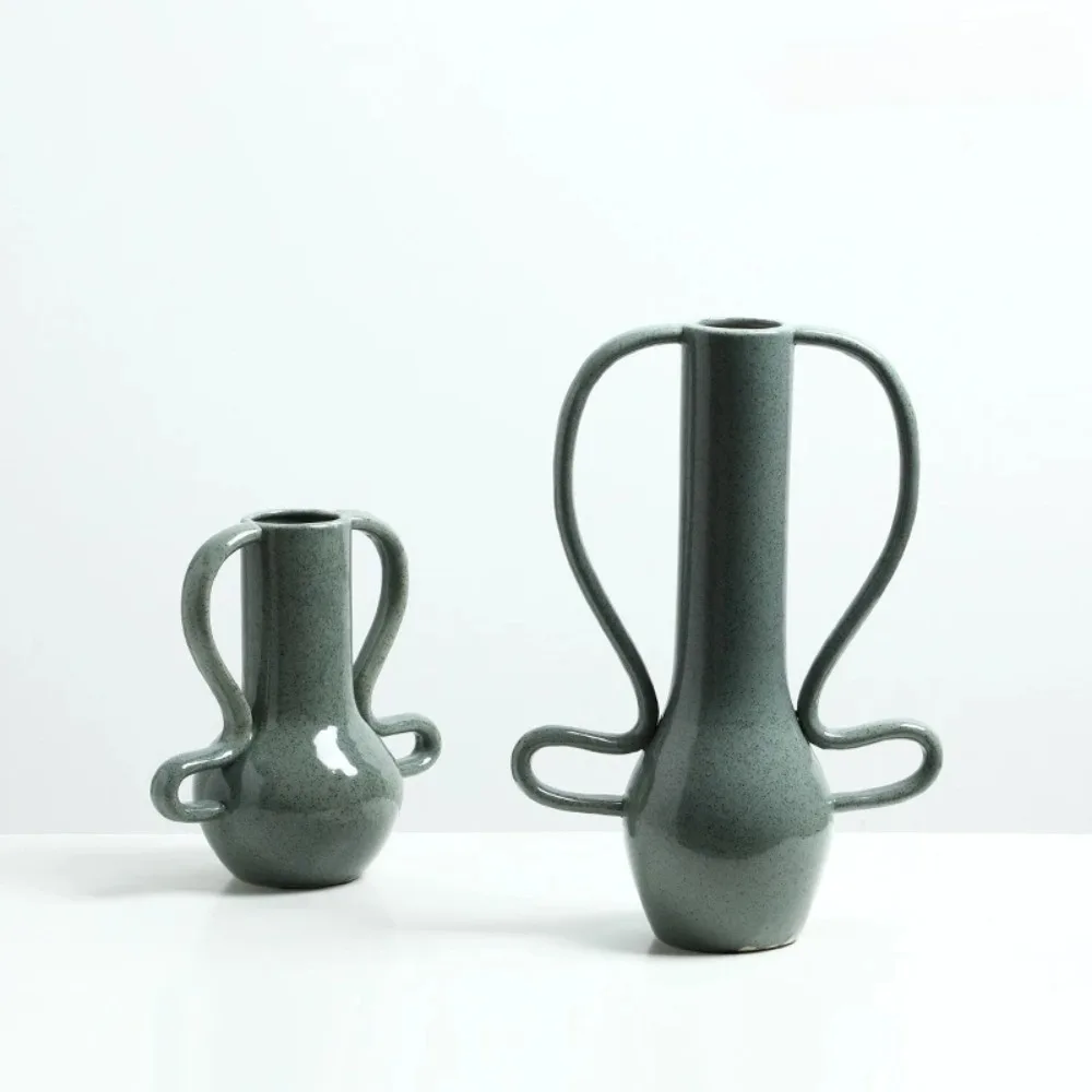 Nordic Ceramic Vase Curved Handle Handmade Ceramic Flowerpot Flower Arrangement Ornaments Flowerpot Home Decoration Accessories