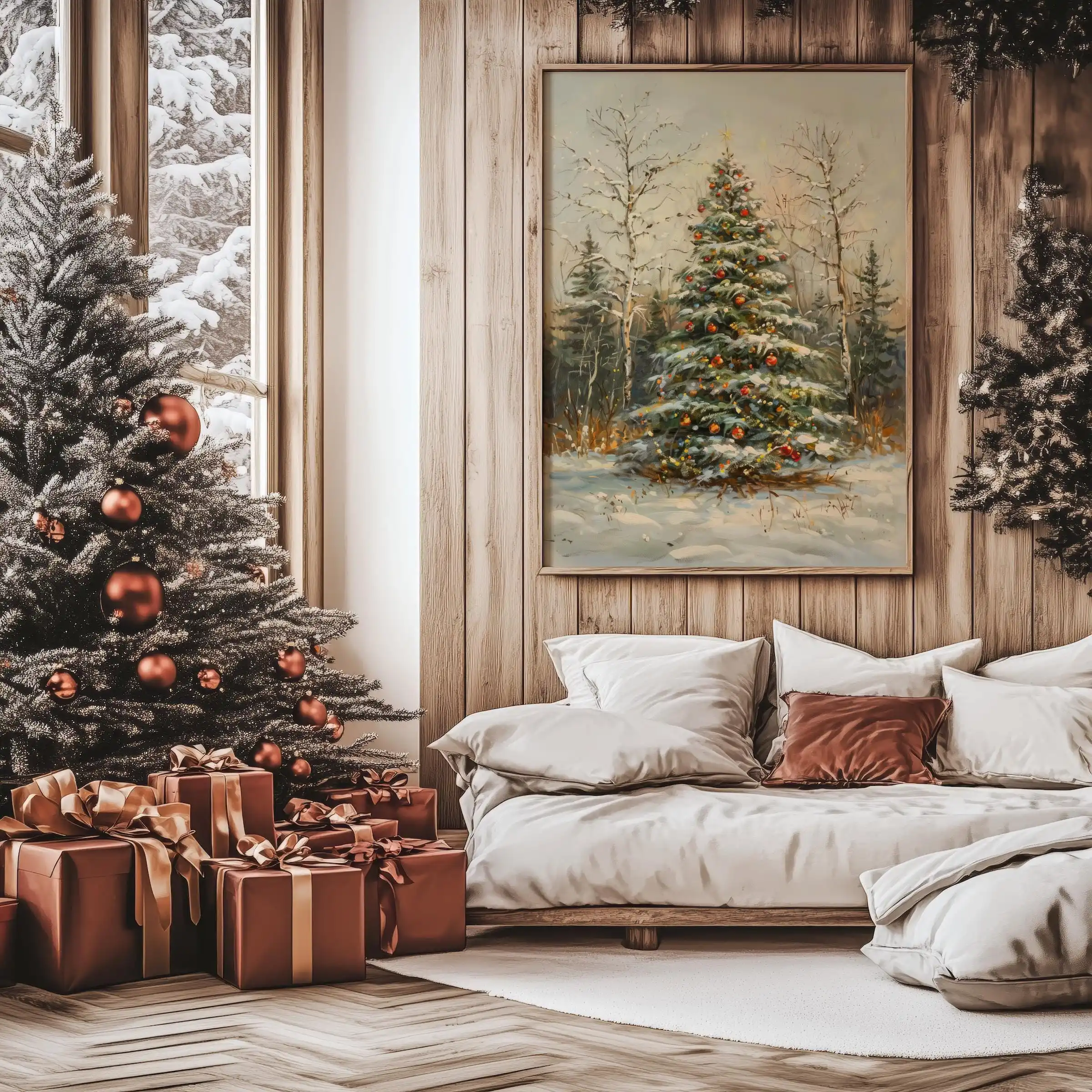 1pc frameless,Vintage Christmas Tree Canvas Poster - Snowy Pine Tree Wall Art Poster Christmas Winter Forest Poster for Living R