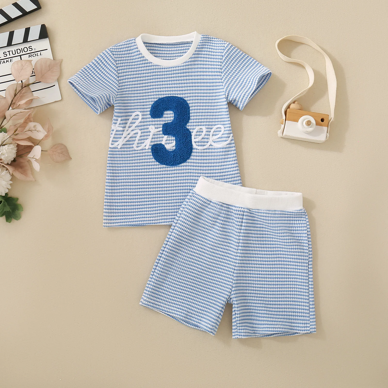Summer Neutral Infant Blue Digital Three Embroidered Short Sleeve Top T-Shirt and Shorts Two-piece Birthday Set