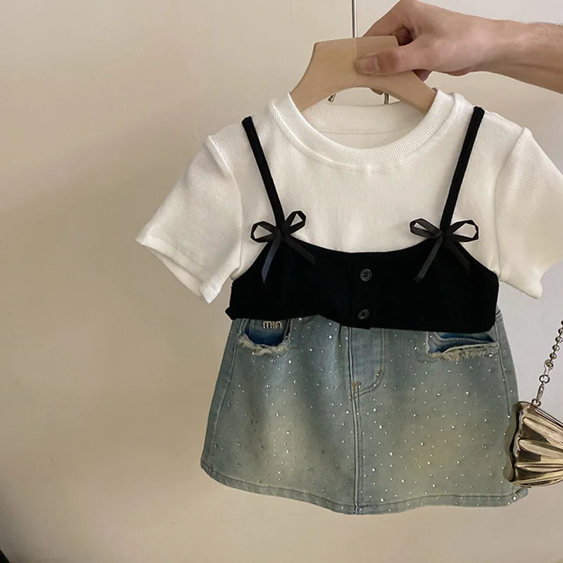 Girls T-shirt 2024 Summer New Lovely Bow Knot Splicing Tops Cowboy Skirt Casual Simple Fashion Loose Sweet Korean Active Vintage