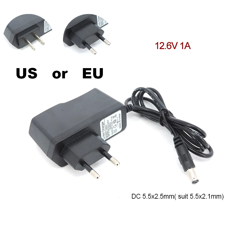 AC 100V-240V DC 12.6 V 1A 2A caricabatterie 12 V Volt adattatore di alimentazione 5.5*2.5MM 12.6 V 2 A per 18650 batteria al litio EU US Plug