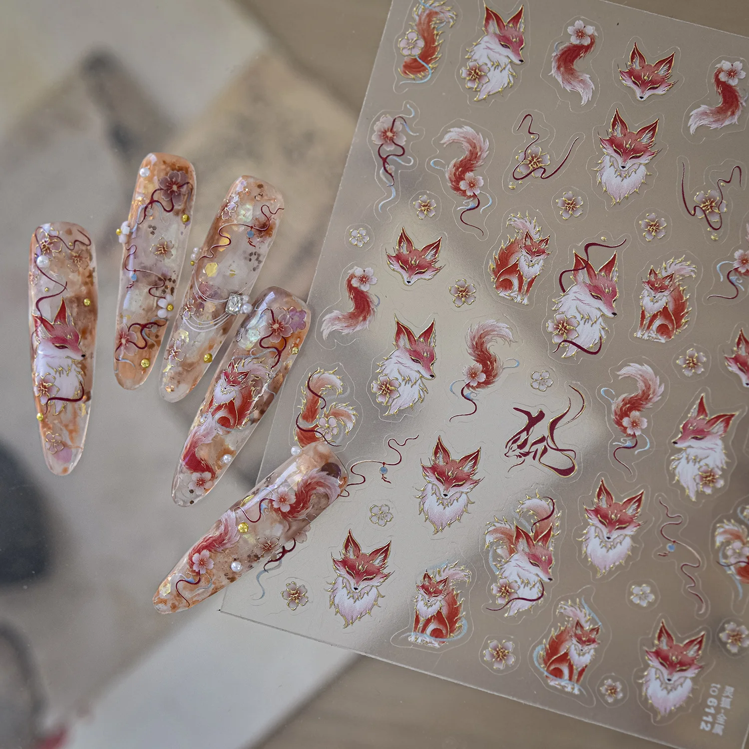 Retro Golden 5D Nine Tailed Fox Nail Stickers Elegant Flowers Lines Decorative Self Adhesive Nail Stickers DIY Nail Accessories