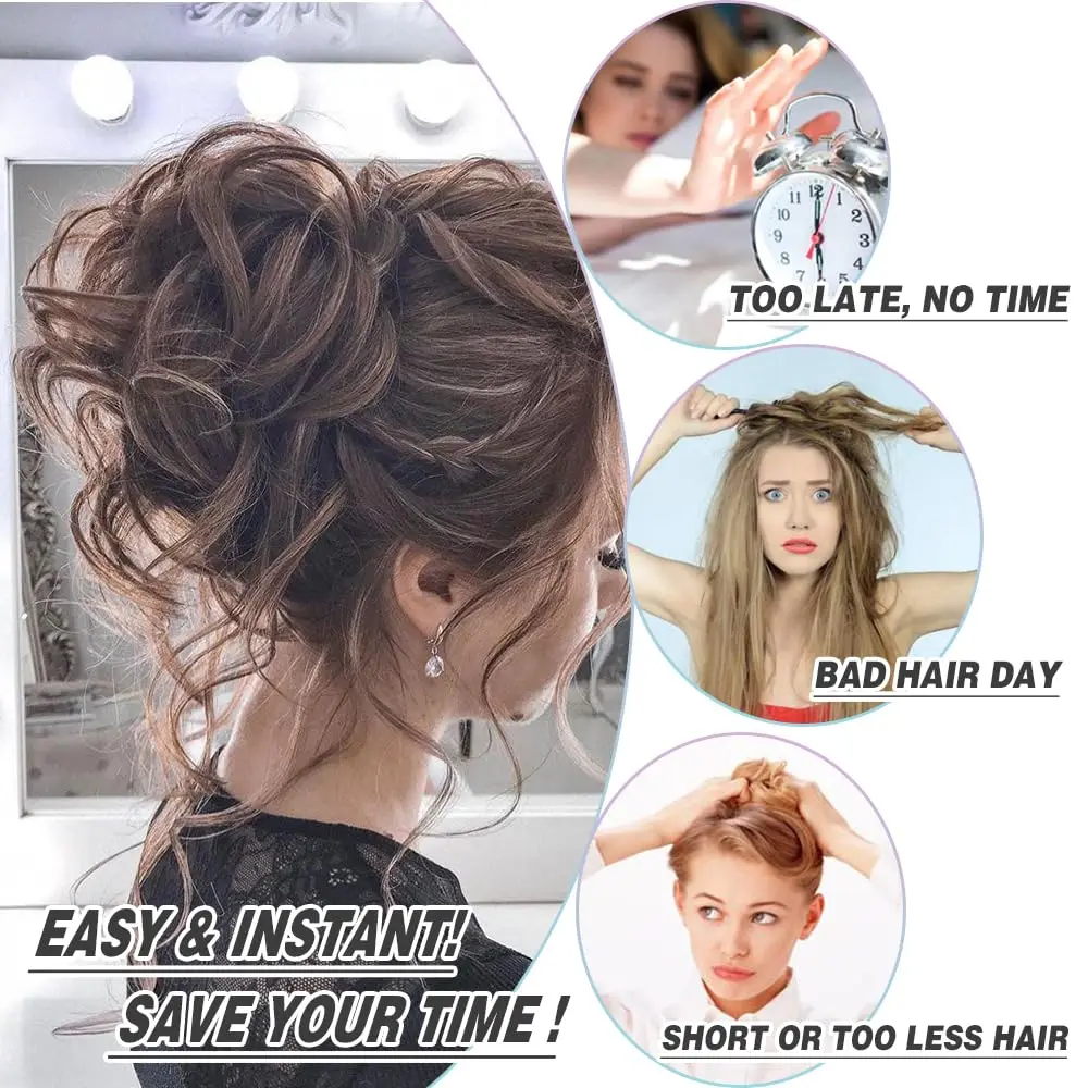 Synthetic Messy Bun Hair Piece Curly Hair Bun Extensions With Straight Tails Hair Scrunchies Ponytail Hairpieces For Women