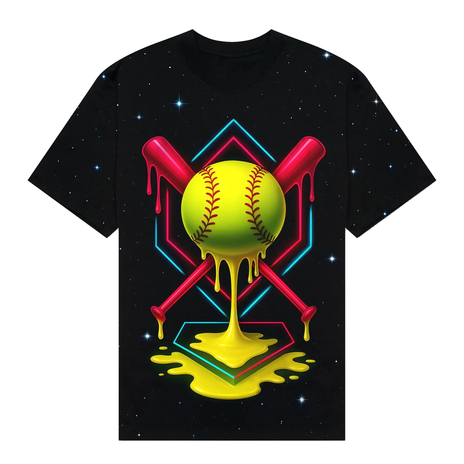 Men Baseball Graphic T-Shirt Neon Drip Print Short Sleeve O-Neck Tee Galaxy Starry Background Baseball Fan Streetwear Tops