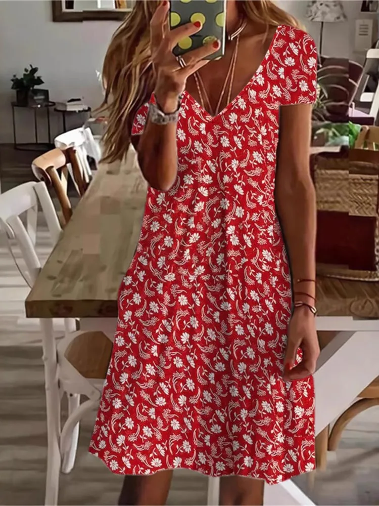 

Women V-Neck Print Dress Fashion Short Sleeve Pullover Loose Dresses Lady Casual Boho Holiday Beach Skirt Robe Femme Summer New