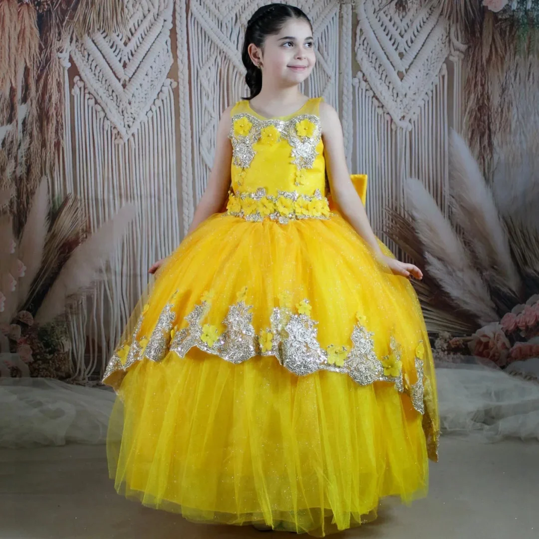 

Желтое платье с цветочным узором для девочек по индивидуальному заказу, серебряное платье с цветочной аппликацией и бантом без рукавов для свадьбы, дня рождения, выпускного банкета, платье принцессы