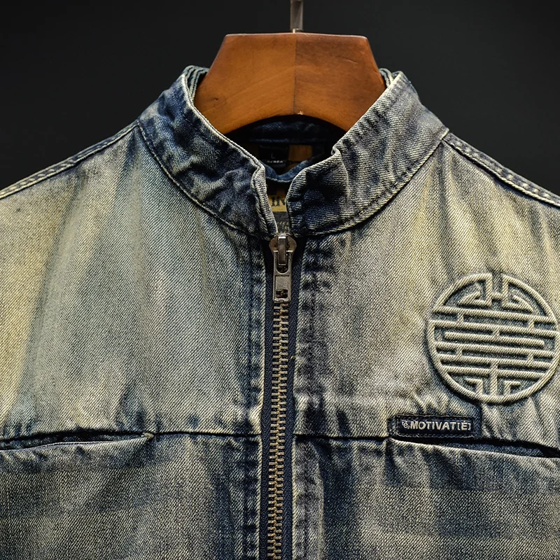 2024 autumn trendy vintage denim jacket men's slim-fit nostalgic street motorcycle jacket stand collar vintage fashion coat