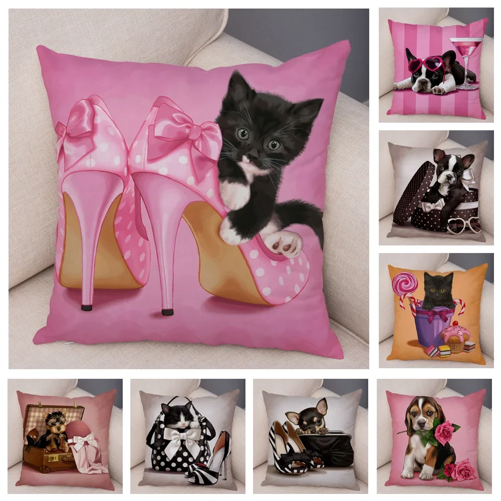 Funda de cojín de dibujos animados de perro, cubierta de almohada de felpa corta para sofá, decoración del hogar, coche, Animal