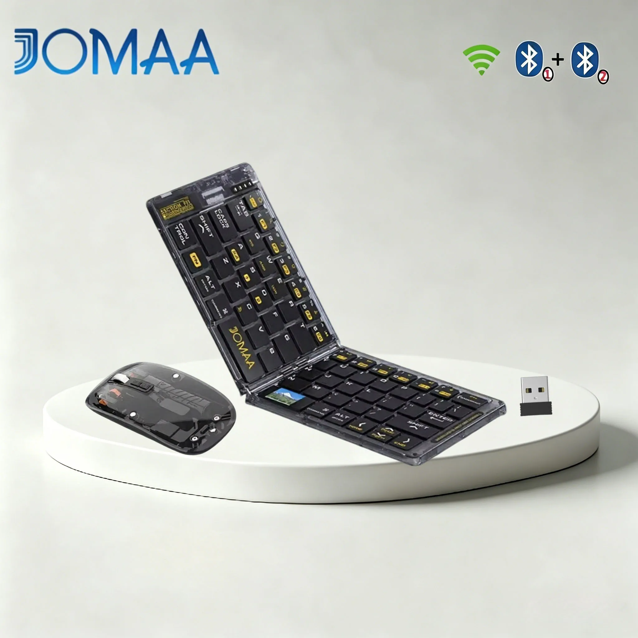 JOMAA Transparent Foldable Wireless Keyboard&Mouse,2.4G&Bluetooth Full-Size Portable Travel Keyboard Set for Tablet Smartphone