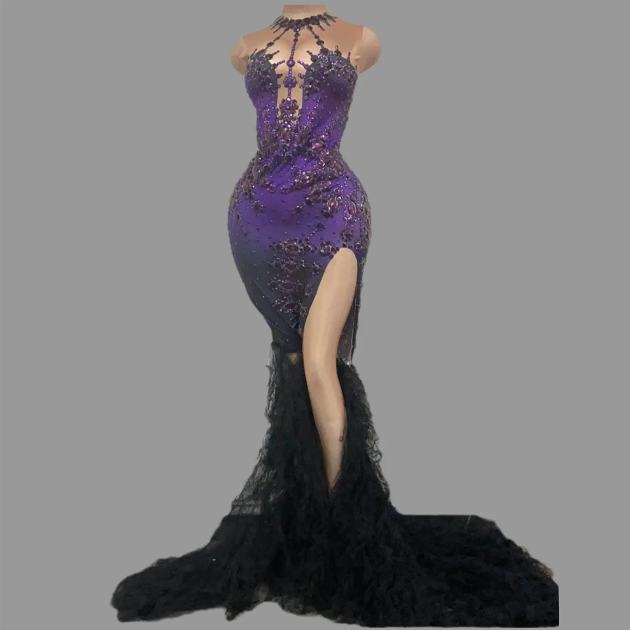

goSexy Purple Black Gradient High Neck Mermaid Fabric Dress with Long Slit Drag Queen Gogo Dance Party Club Singer Formal Dress