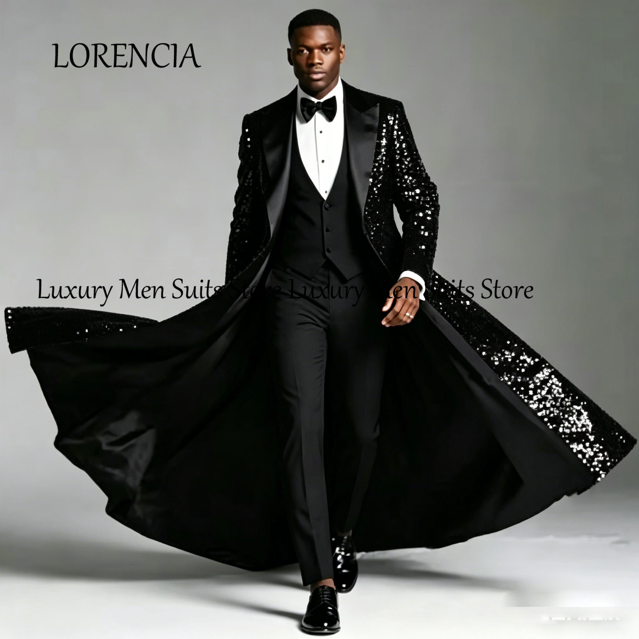 Terno Masculino de Luxo com Paetês, 3 Peças: Blazer, Colete e Calça, Lapela Xale, para Casamento, Baile de Formatura e Festas - Terno Completo