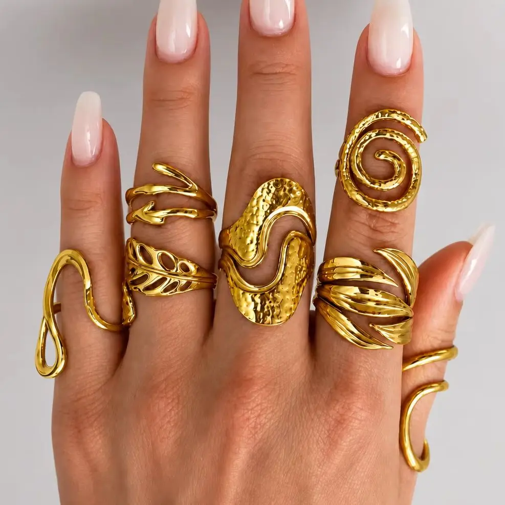 Statement Stainless Steel Rings for Women Gold Tone Abstract Sculptural Open Rings Multiple Styles Irregular Fashion Jewelry
