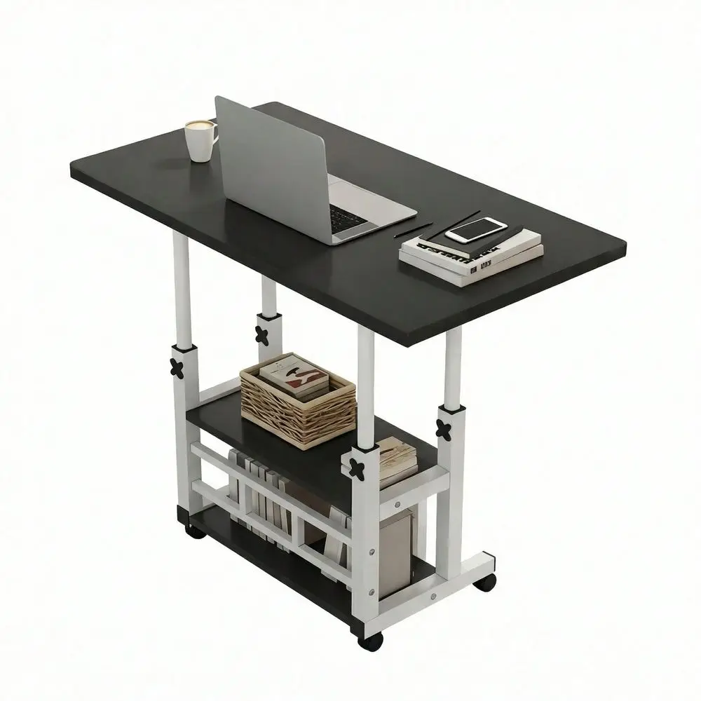 

Ergonomic Adjustable Height Rolling Desk, Mobile SitStand Workstation With 3Tier Storage Shelves, Sturdy CBase Laptop Desk For