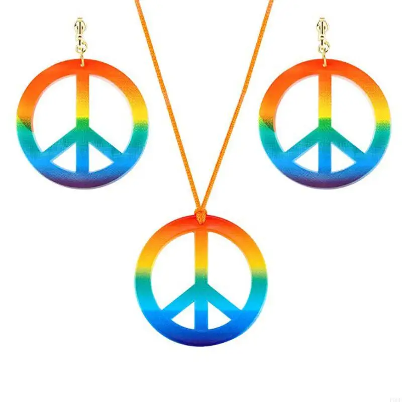 P0RF Rainbow Peace Sign Pendant Necklace Earrings Hippie Costume Jewelry Set Decoration Festival Gift for Girls Women