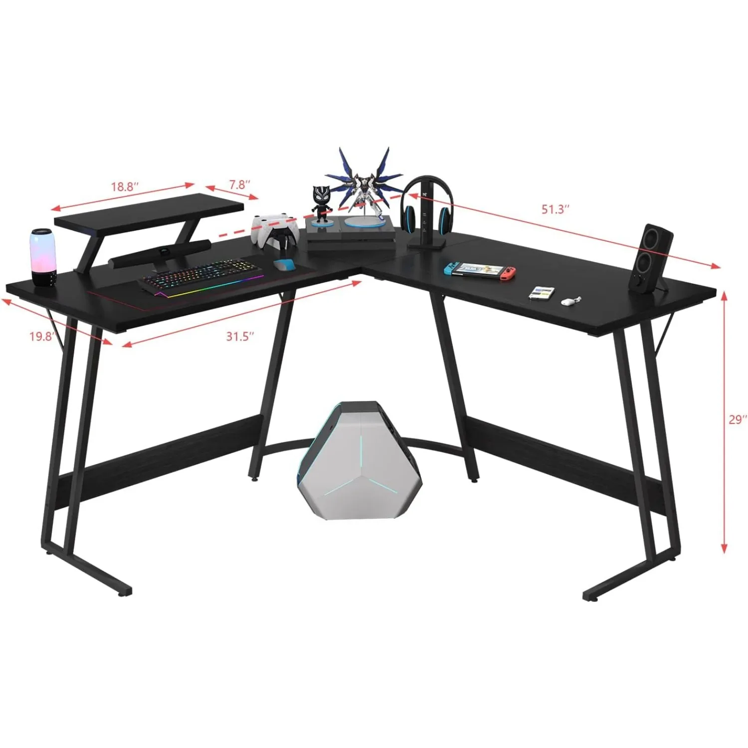 Shaped Gaming Desk Computer Corner Desk PC Gaming Desk Table with Large Monitor Riser Stand for Home Office Sturdy Writing