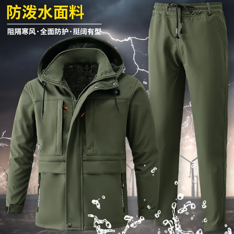 Winter Velvet Camouflage Waterproof Cotton Jacket Suit For Men Outdoor Sports Hiking Tourism Cold Storage Work Clothes Coat