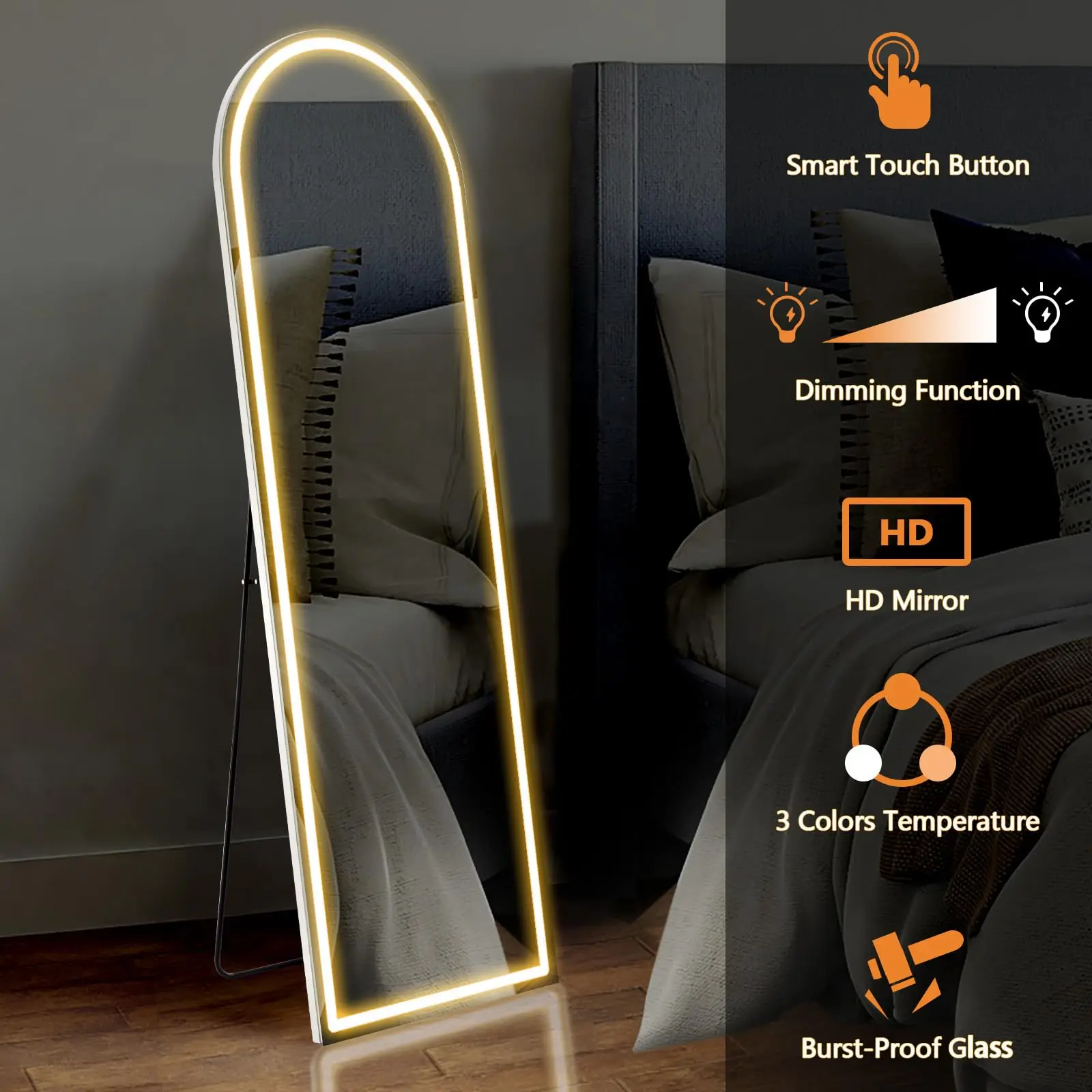 JHK 63"x20" Led Full Length Mirror 3 Color Lighting Dimming Aluminum Alloy Frame Standing Hanging Floor Mirrors For Living Room image 4