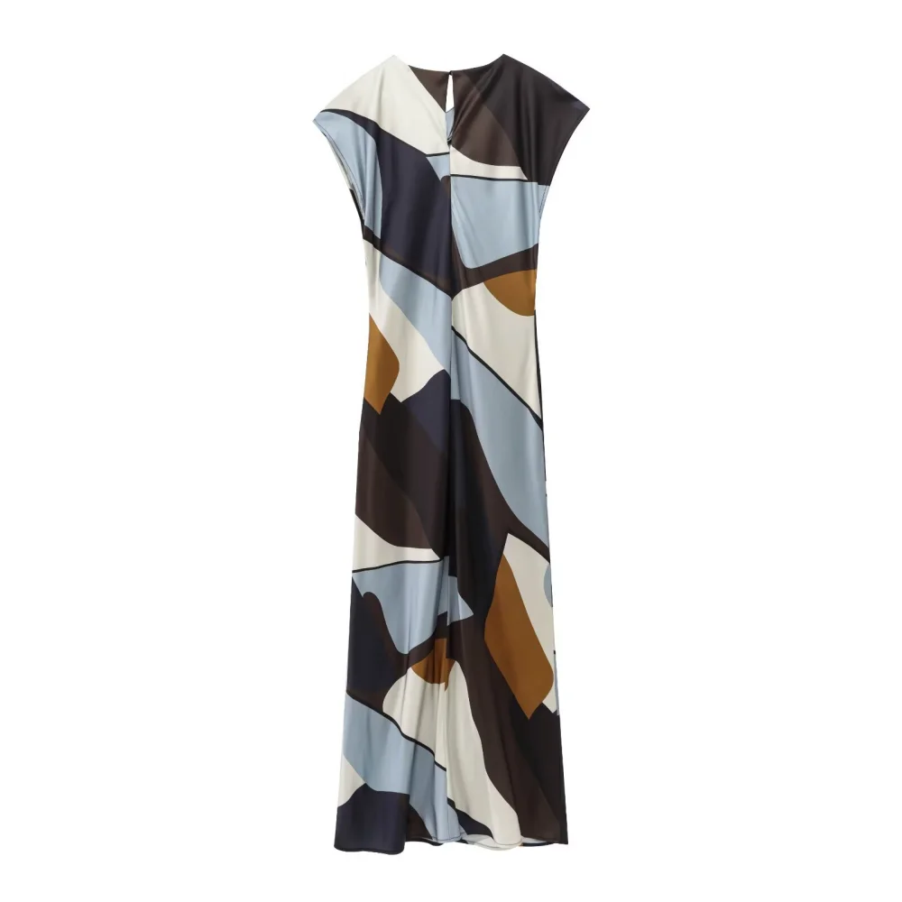 2025 BM MD ZA Women's Sleeveless Geometric - Patterned Maxi Dress with Asymmetric Neckline Fashionable Attire