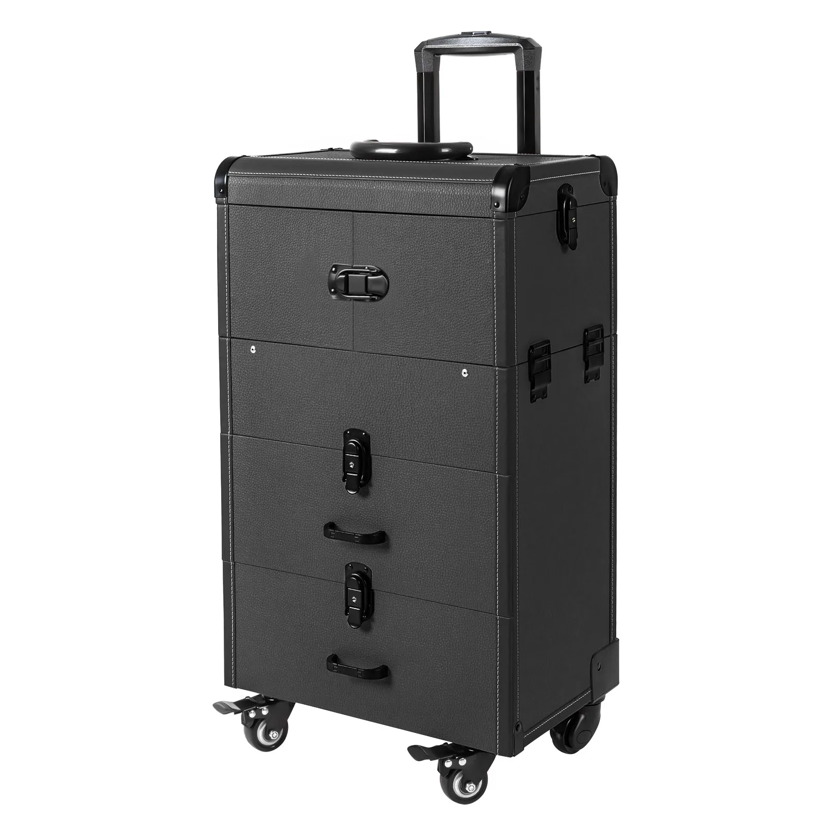 

Black Rectangular Lockable Rolling Makeup Case Zinc Alloy Wood Board PVC EVA Material Freestanding Design 50kg Load Bearing Telescopic Rod Built In Mirror Multi Layer Tray Drawer Portable Cosmetic Organizer Trolley