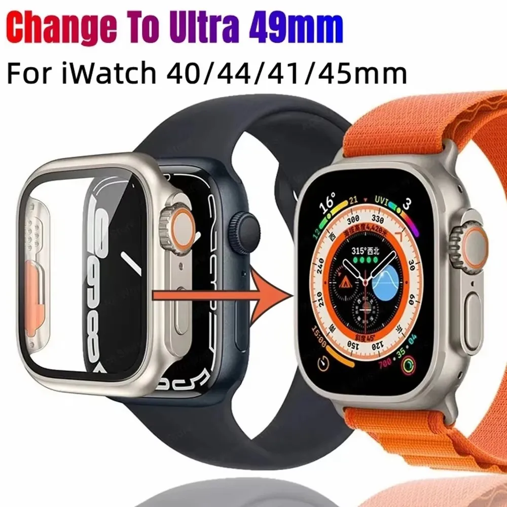 Glass+Case For Apple Watch Change To Ultra iWatch Series 4 5 6 7 8 9 45mm 41mm 44mm 40mm Screen Protector Cover Upgrade to Ultra