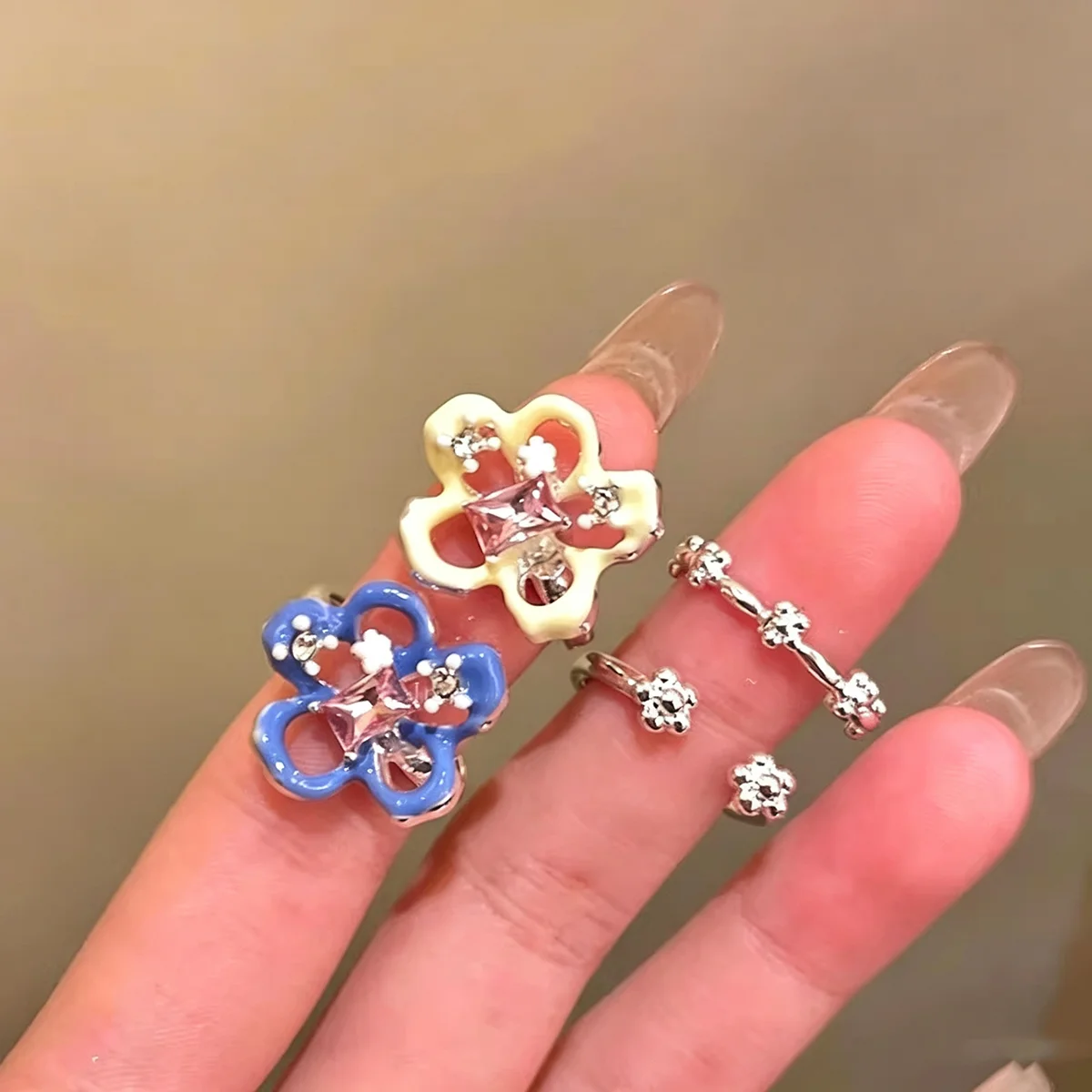 Y2K Colorful Drip Oil Flower Rings for Women Sweet Cute Geometric Block Zircon Rings Fashion Aesthetic Jewelry Gifts