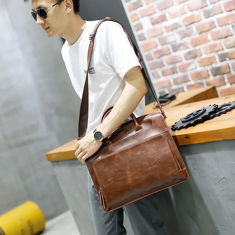 Retro Crazy Horse Pu Leather Men's Briefcase Handbag Messenger Business Men Tote Bags Man Casual Crossbody Briefcases