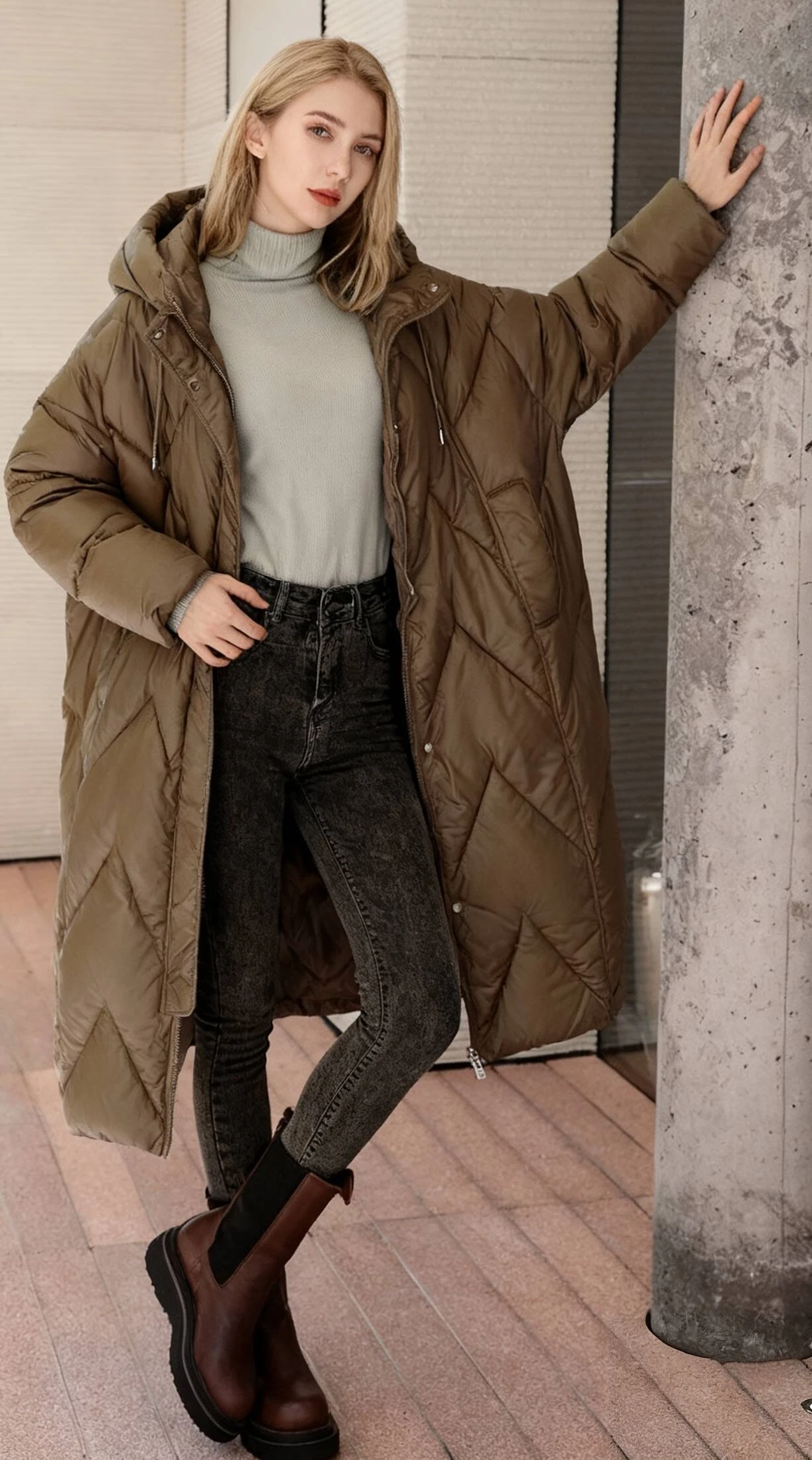 

Parkas Womens Hooded Winter Woolen Argyle Gathered Buttoned Pleated A-Line Waist-Closed Pressed Midi Graceful College School Ins