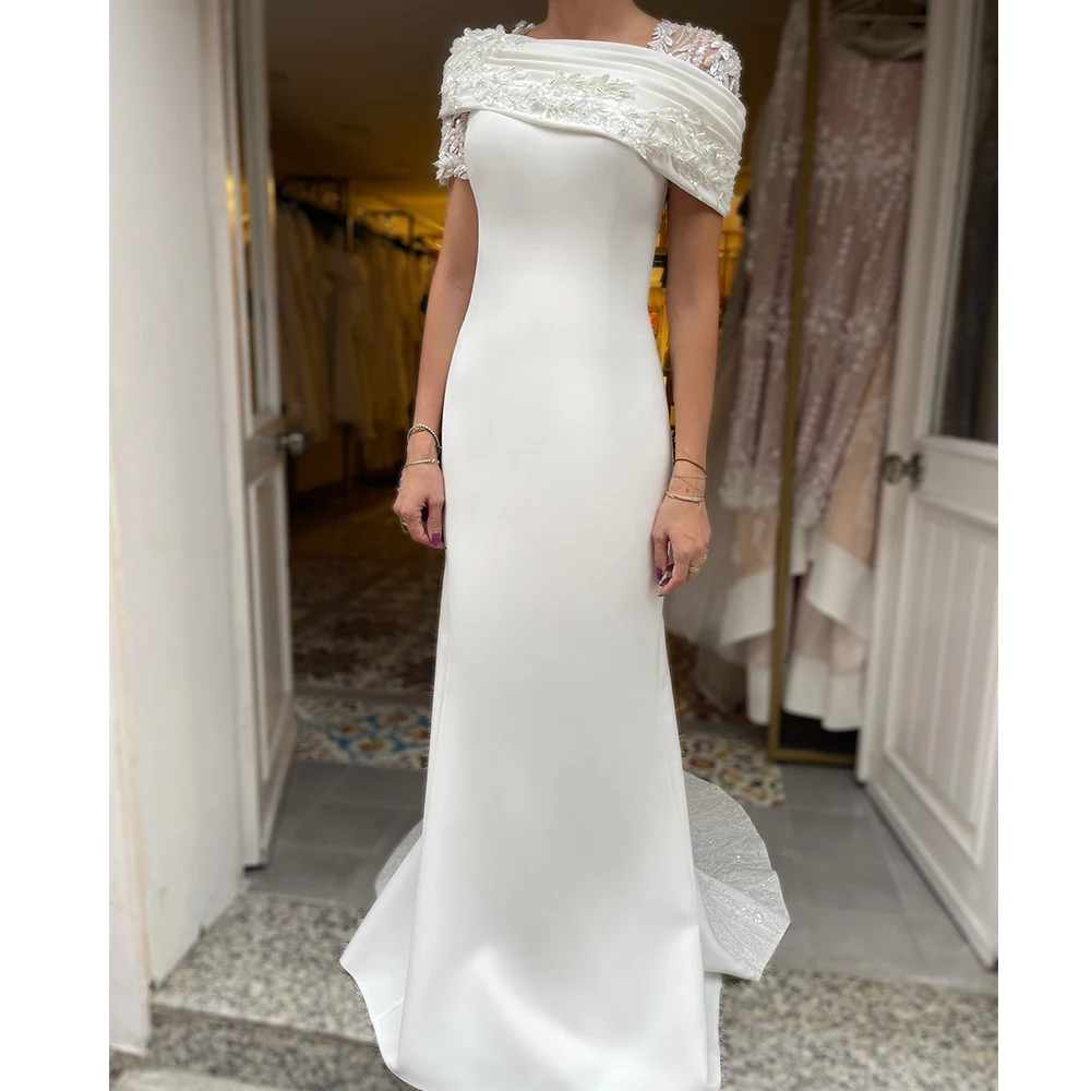 

Customized Graceful Satin A-Line Crystal Evening Dress Square Collar Short Sleeves Panel Train White Special Occasion Gowns