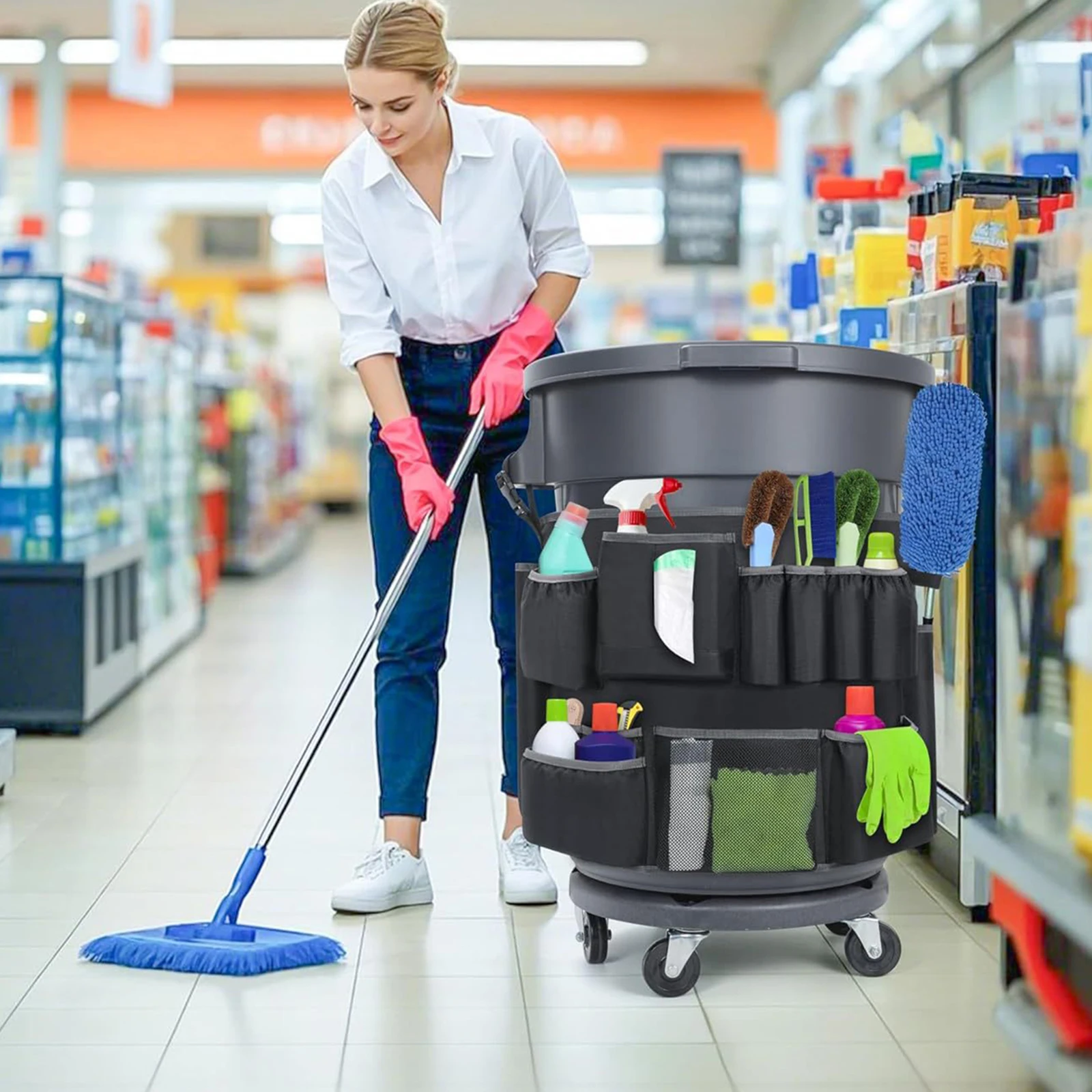 

Сумка для хранения инструментов для чистки с несколькими карманами, чехлы для мусорных баков, подвесная сумка с пряжкой большой емкости для крыльца 32-55 галлонов