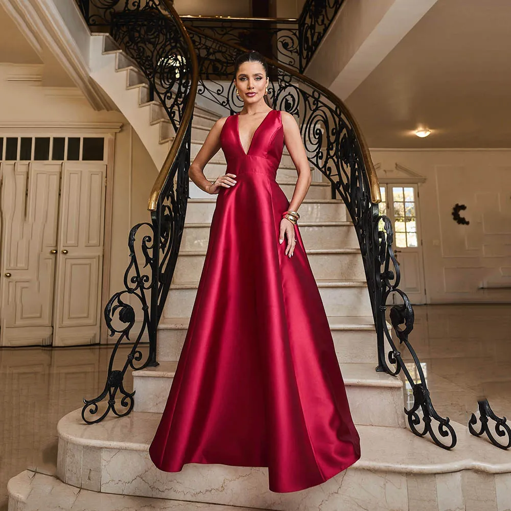 

Msikoods Красные атласные вечерние платья с v-образным вырезом без рукавов и бантом Элегантное длинное вечернее платье длиной до пола Сексуальное трапециевидное платье для выпускного вечера по индивидуальному заказу
