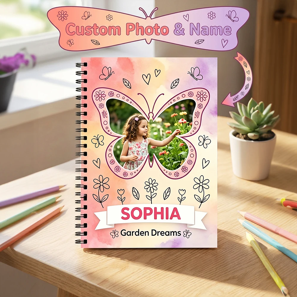 Personalized Custom Photo Name Spiral Notebook,Butterfly Floral Photo Frame Cover,Back To School,Children's Day,Daily Stationery