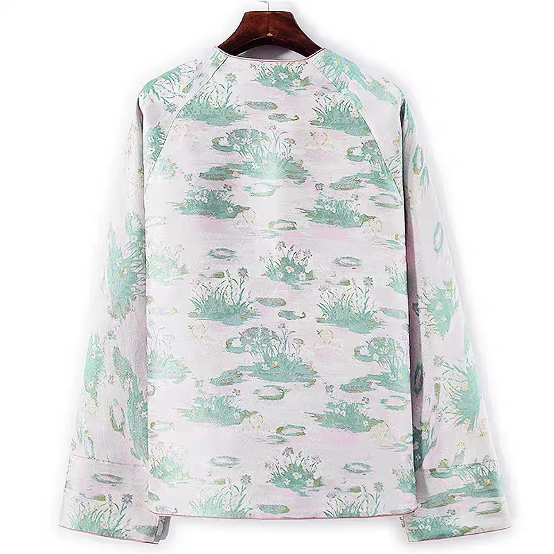 BirdTree-Song Brocade Silk Elegant Coat, O Neck Long Sleeve Lace-up, Women Retro Commute Loose Cardigan Coat, 2025 Fall C5O763CC