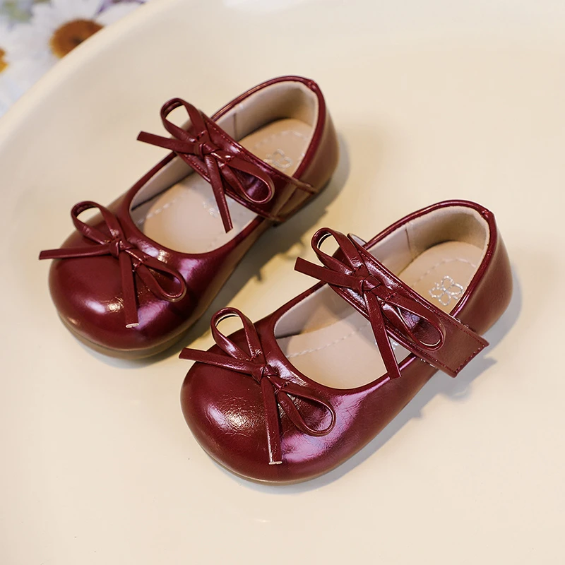 

2025 Autumn New Kids Flats Soild Color Versatile Girls Princess Leather Shoes Korean Style Children Casual MaryJanes Double Bows