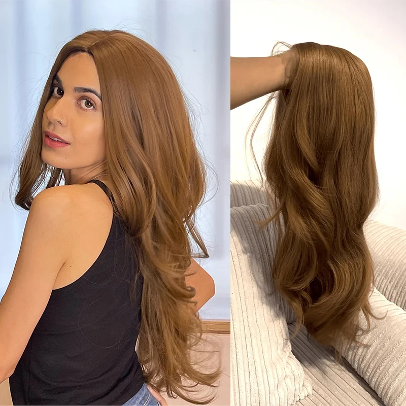 

Длинные рыжие коричневые парики спереди на шнуровке для женщин 13x4 HD Свободные волнистые предварительно выщипанные натуральные волосы 26 дюймов Термостойкие синтетические парики