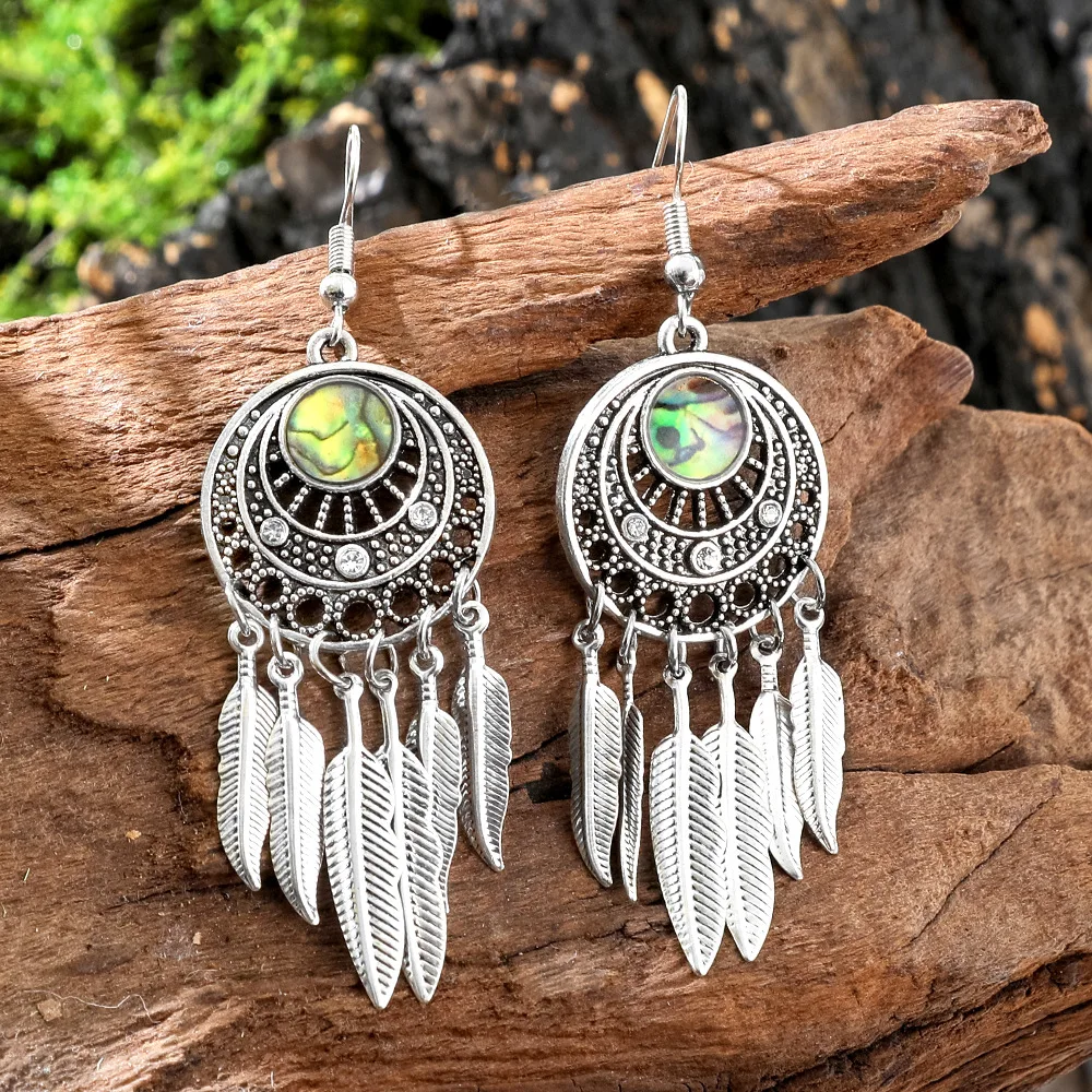 Vintage Boho Abalone Shell Dangle Earring for Women Ethnic Silver Color Alloy Feather Tassel Round Earrings Fashion Jewelry Gift